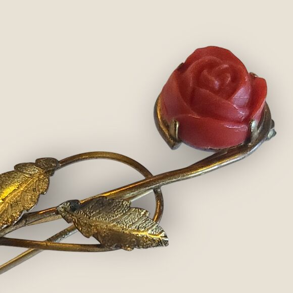 Vintage Antique Gold Metal Rose Flower Brooch Pin with Red Dimensional Bloom - Picture 2 of 11